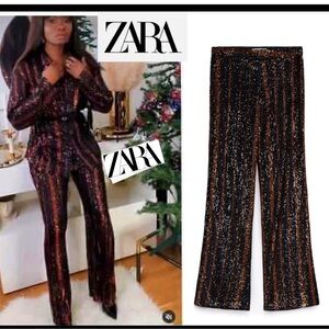 ZARA Abbey Flared Black and burnt orange pinstripe sequins flared trouser pants